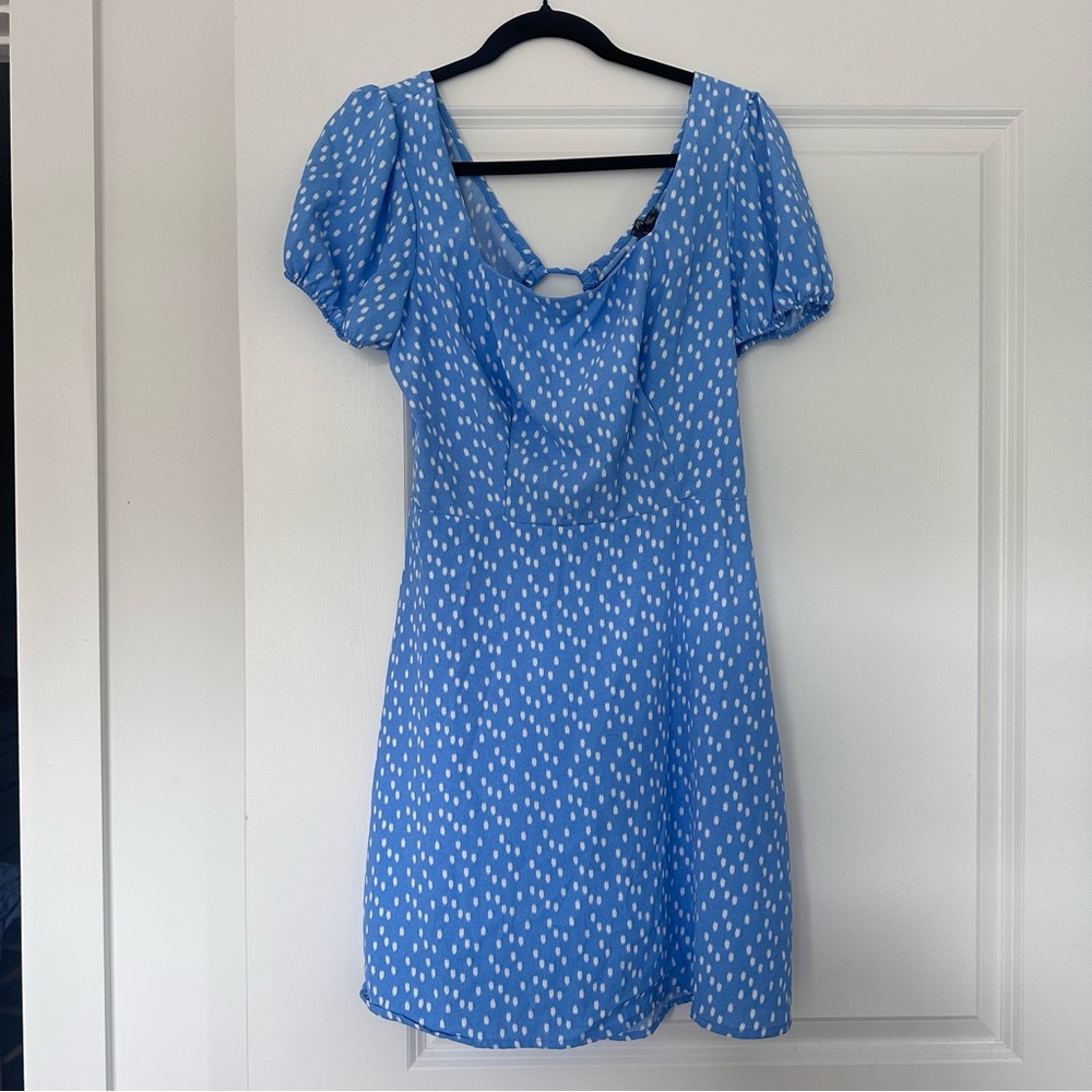 NWT! Lilly Rose Blue/White Polka Dotted Print Babydoll Fit n Flare Dress